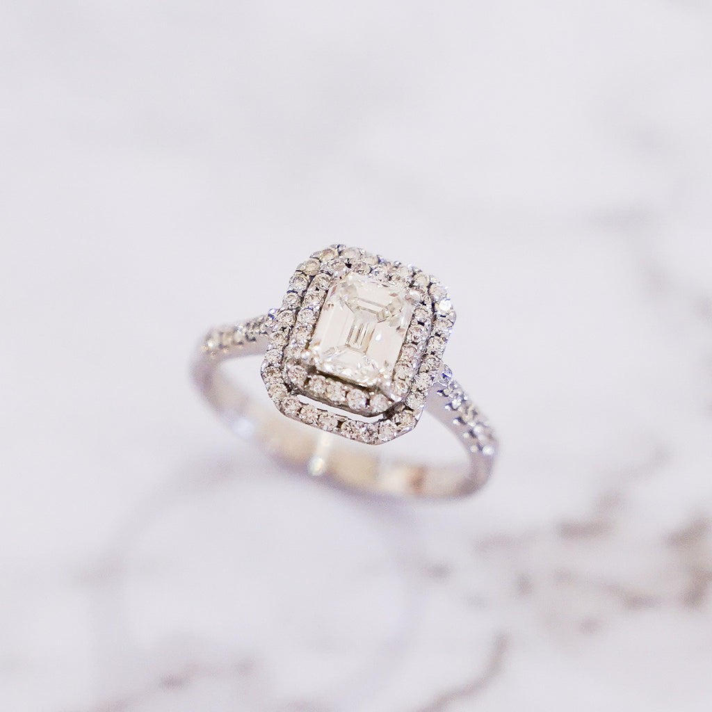 1.47 Carat Emerald Cut Double Halo Pavé Diamond Ring in 18K White Gold
