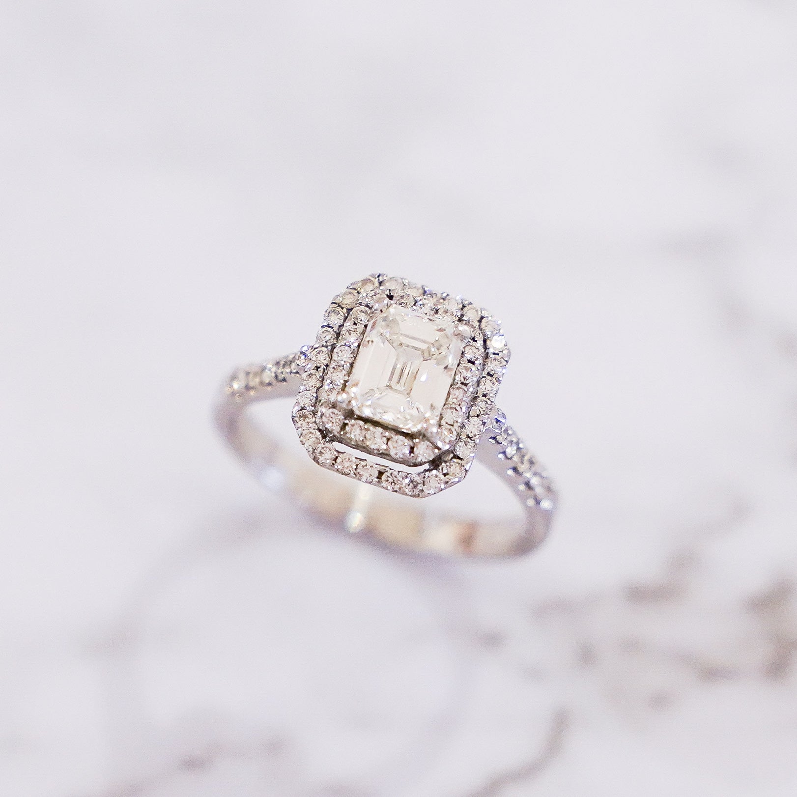1.47 Carat Emerald Cut Double Halo Pavé Diamond Ring in 18K White Gold