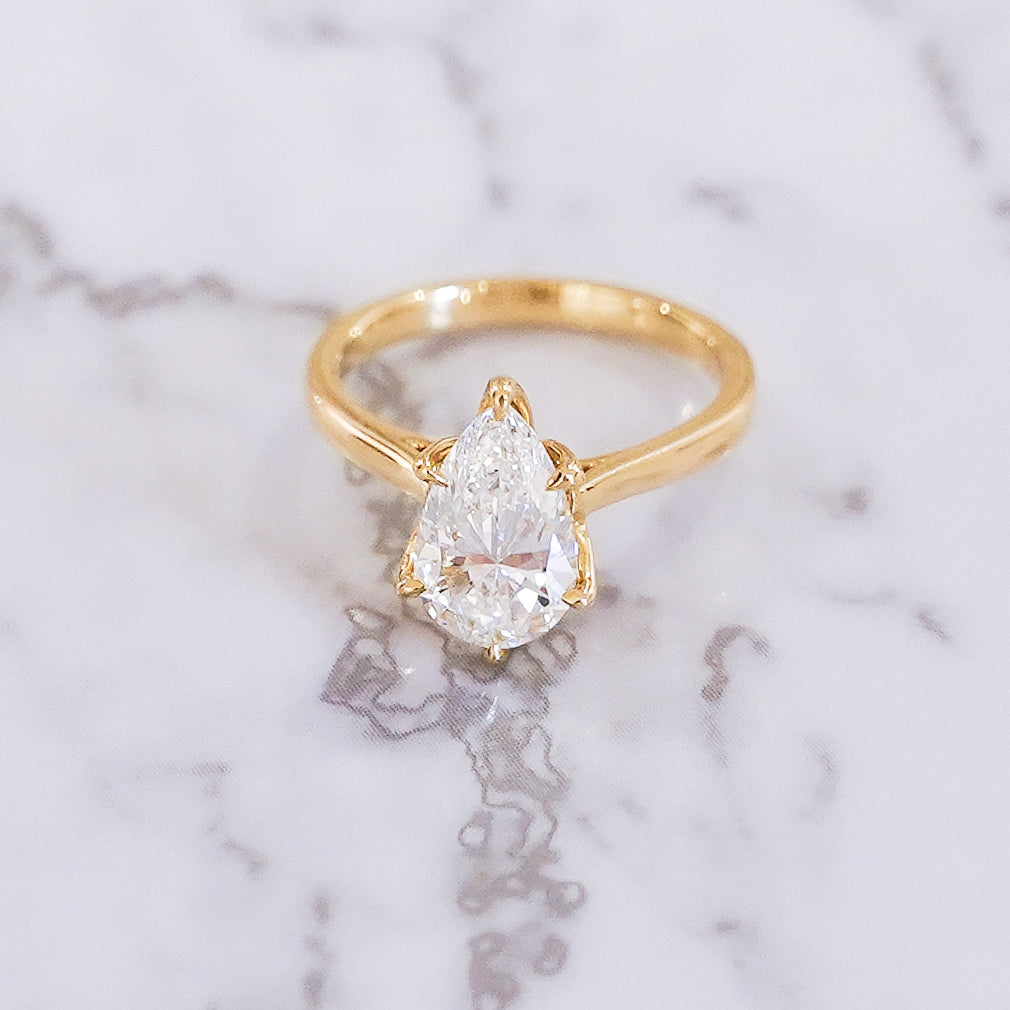 2 Carat Pear Cut Tulip Dome Solitaire Ring in 14K Yellow Gold