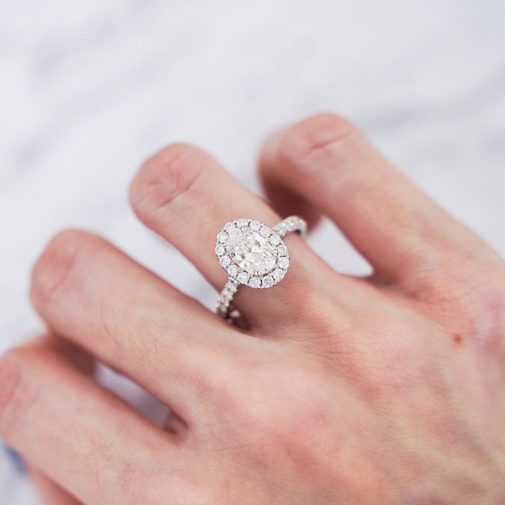 1 Carat Oval Cut Pavé Halo And Shank Diamond Ring In 14K White Gold