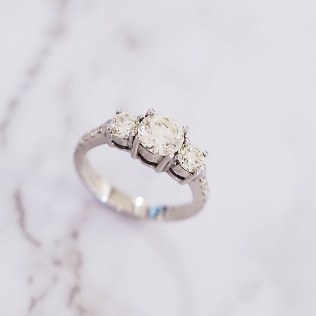 1.73 Carat Trinity Diamond Ring with Pavé Band in 18K White Gold