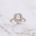 1.54 Carat Cushion Cut Double Halo Diamond Ring with Pavé Band in 18K White Gold
