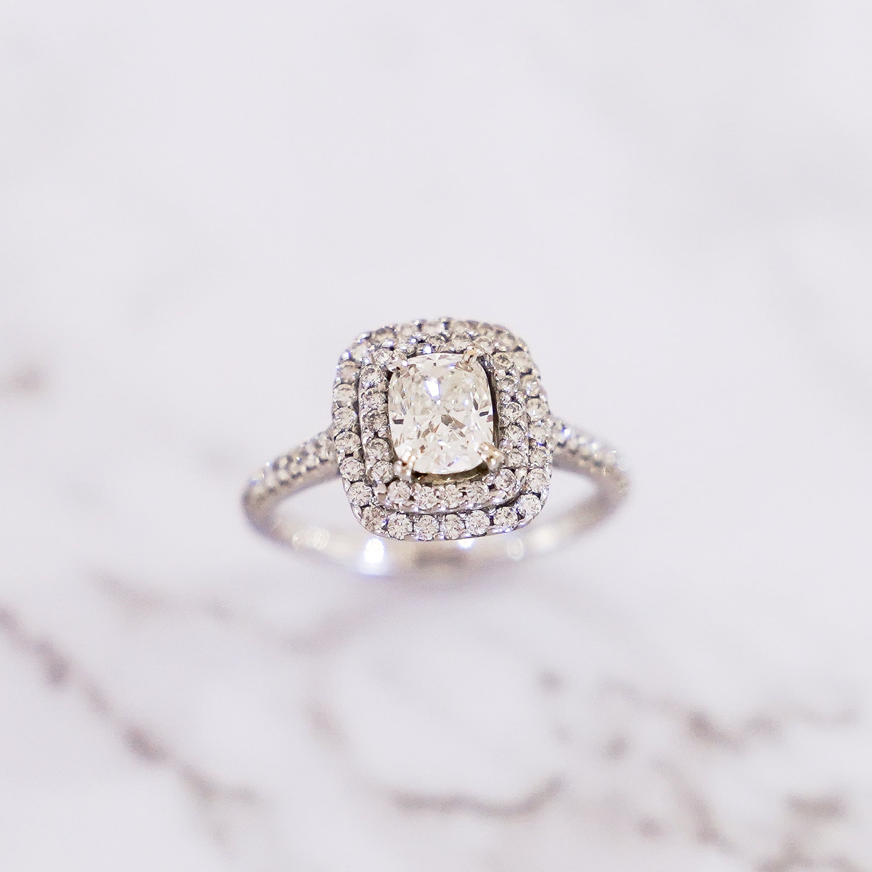 1.54 Carat Cushion Cut Double Halo Diamond Ring with Pavé Band in 18K White Gold