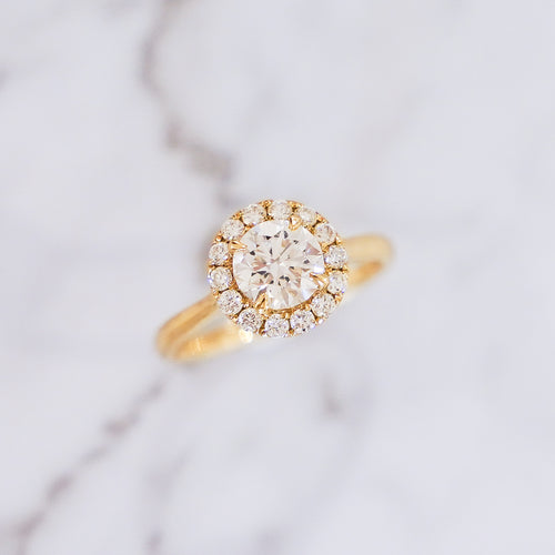 1.36 Carat Round Cut Pavé Halo Diamond Ring in 14K Yellow Gold
