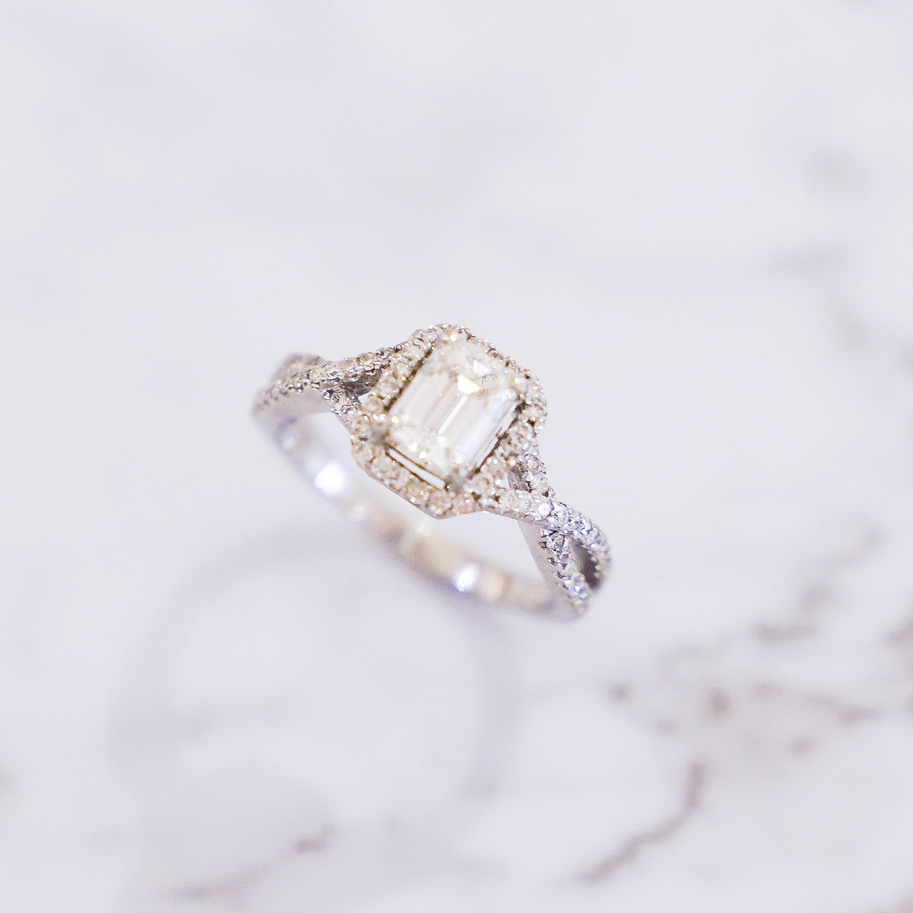 1.36 Carat Emerald Cut Halo Diamond Ring with Pavé Infinity Band in 18K White Gold