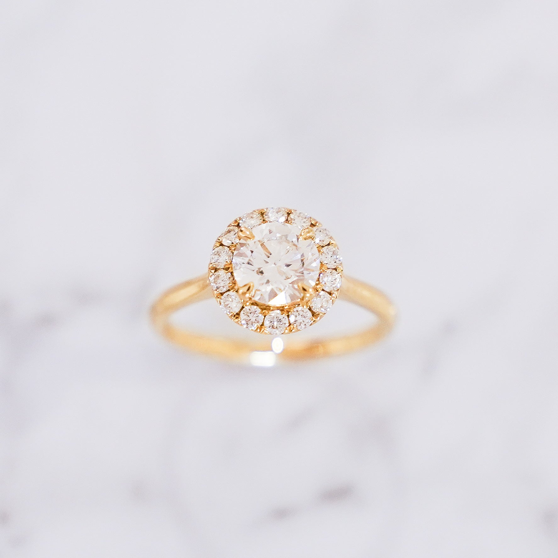 1.36 Carat Round Cut Pavé Halo Diamond Ring in 14K Yellow Gold