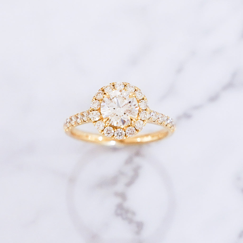 1.58 Carats Round Cut Pavé Halo And Shank Diamond Ring In 14K Yellow Gold