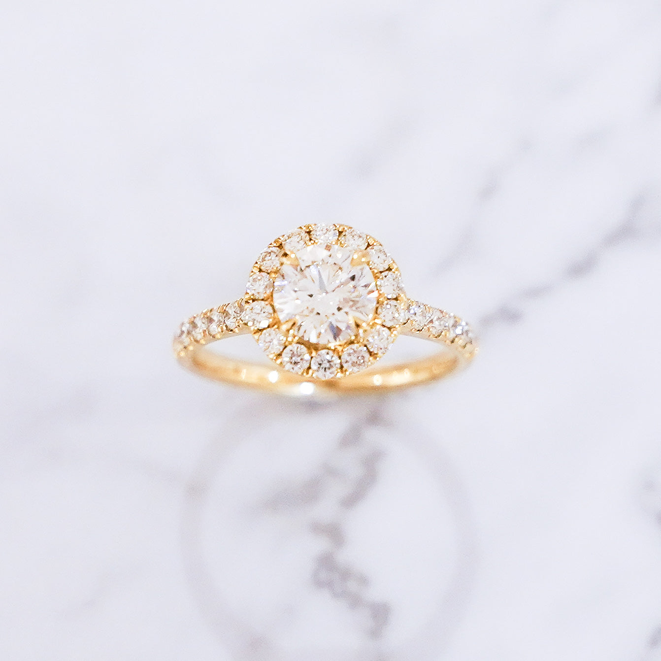 1.58 Carats Round Cut Pavé Halo And Shank Diamond Ring In 14K Yellow Gold
