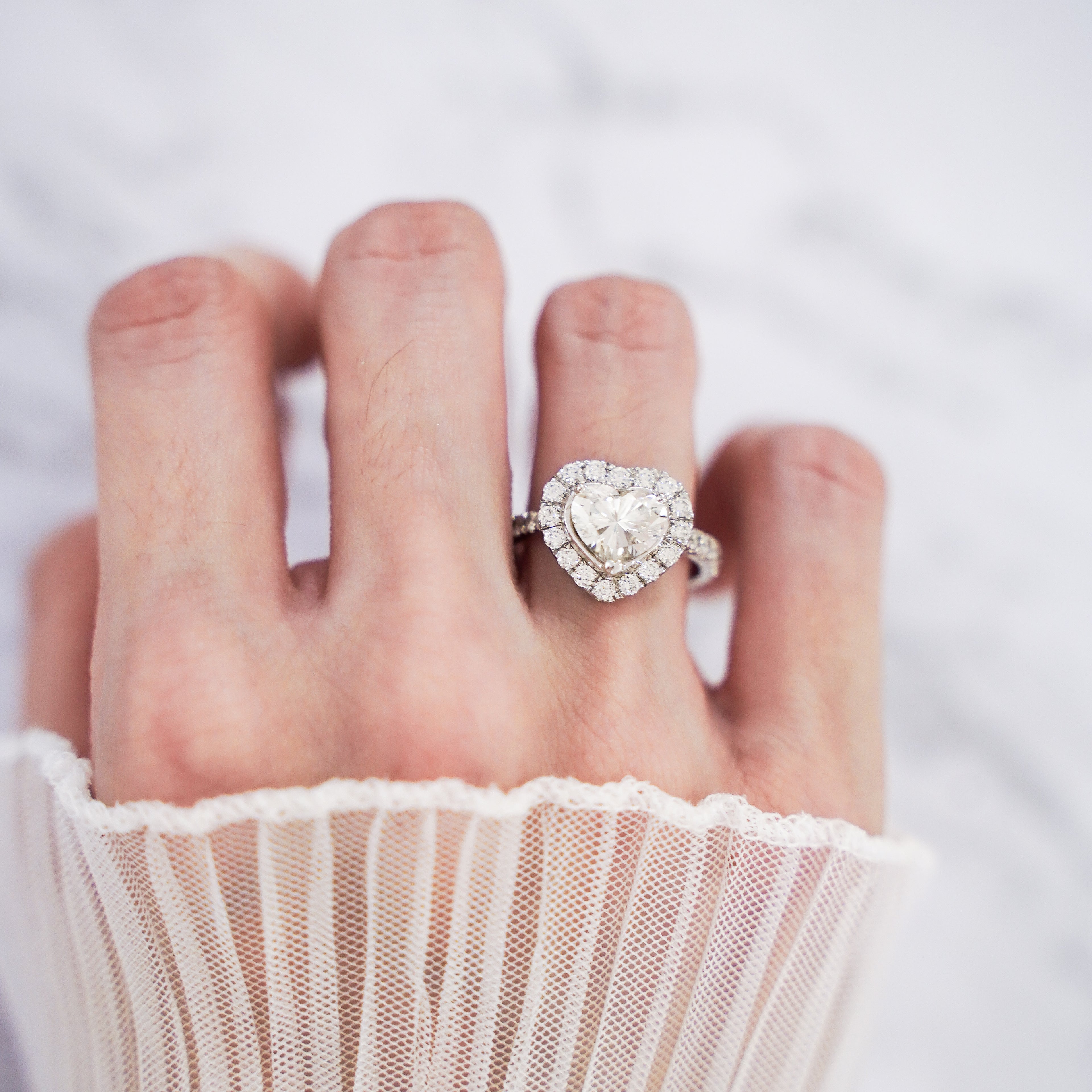 2.43 Carat Heart Cut Pavé Halo and Shank Diamond Ring in 18K White Gold