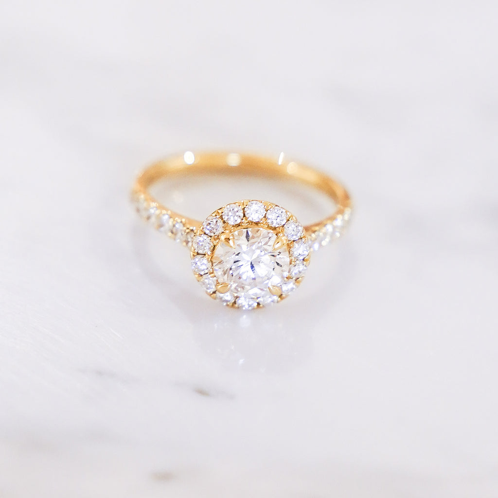 1.58 Carats Round Cut Pavé Halo And Shank Diamond Ring In 14K Yellow Gold