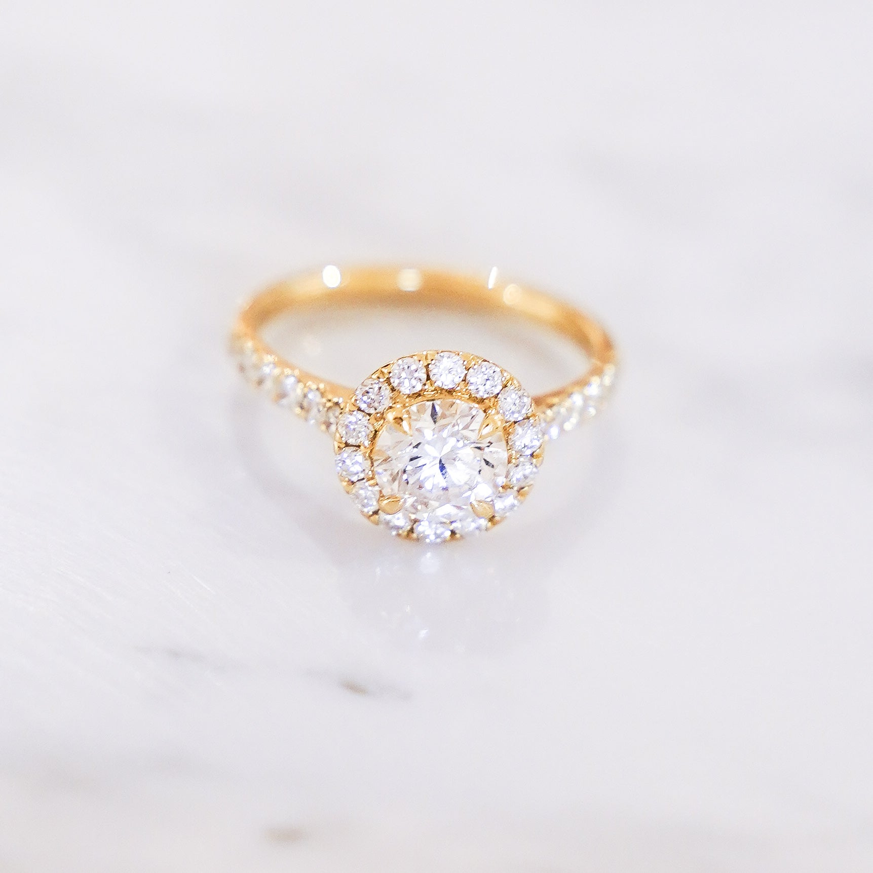 1.58 Carats Round Cut Pavé Halo And Shank Diamond Ring In 14K Yellow Gold