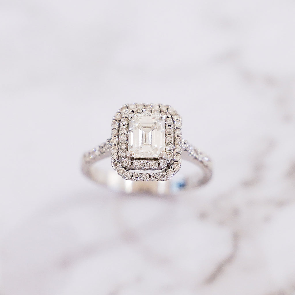 1.47 Carat Emerald Cut Double Halo Pavé Diamond Ring in 18K White Gold