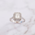 1.47 Carat Emerald Cut Double Halo Pavé Diamond Ring in 18K White Gold