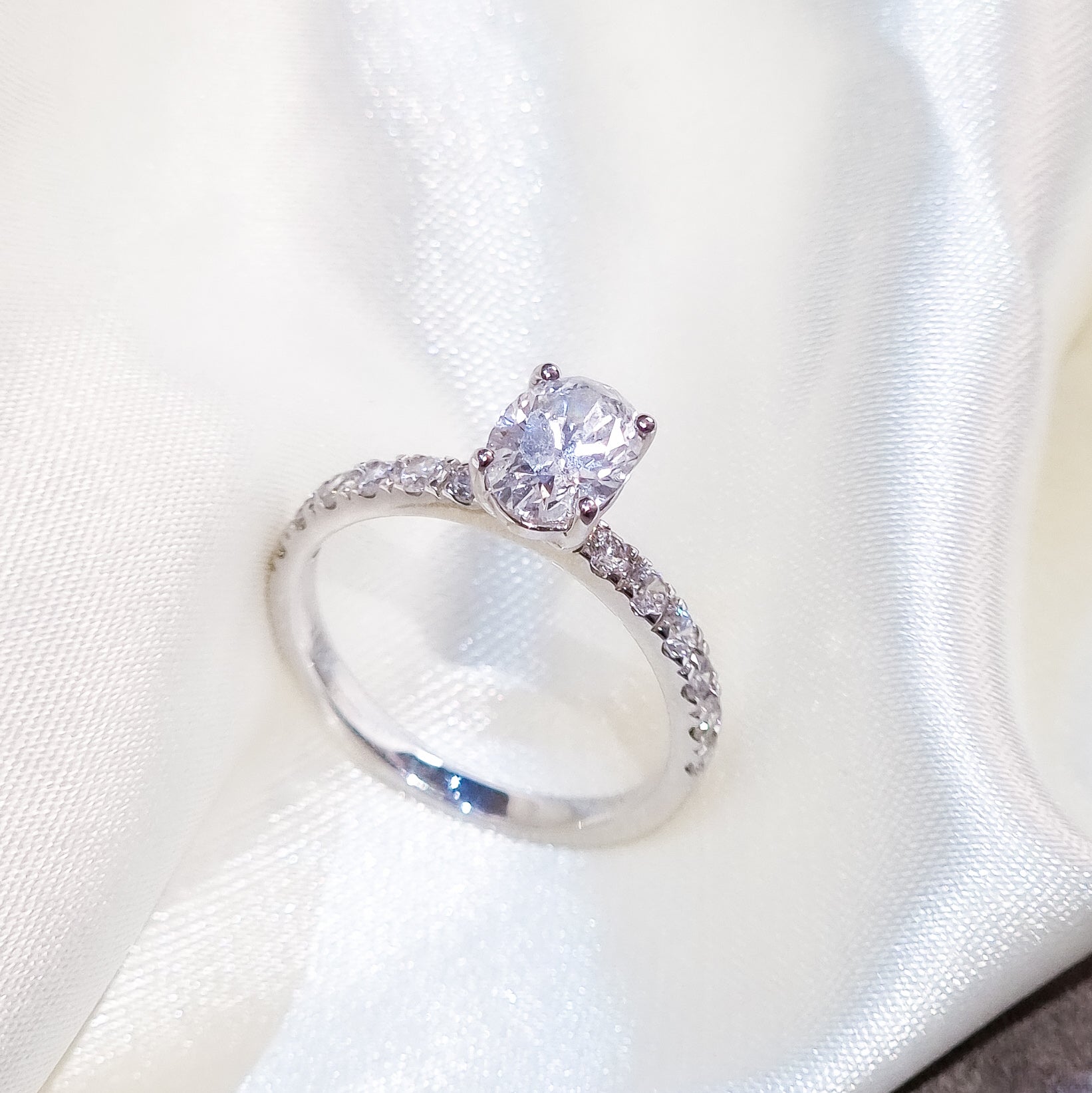 1.49 Carat Oval Cut Diamond Ring with Pavé Band in 14K White Gold