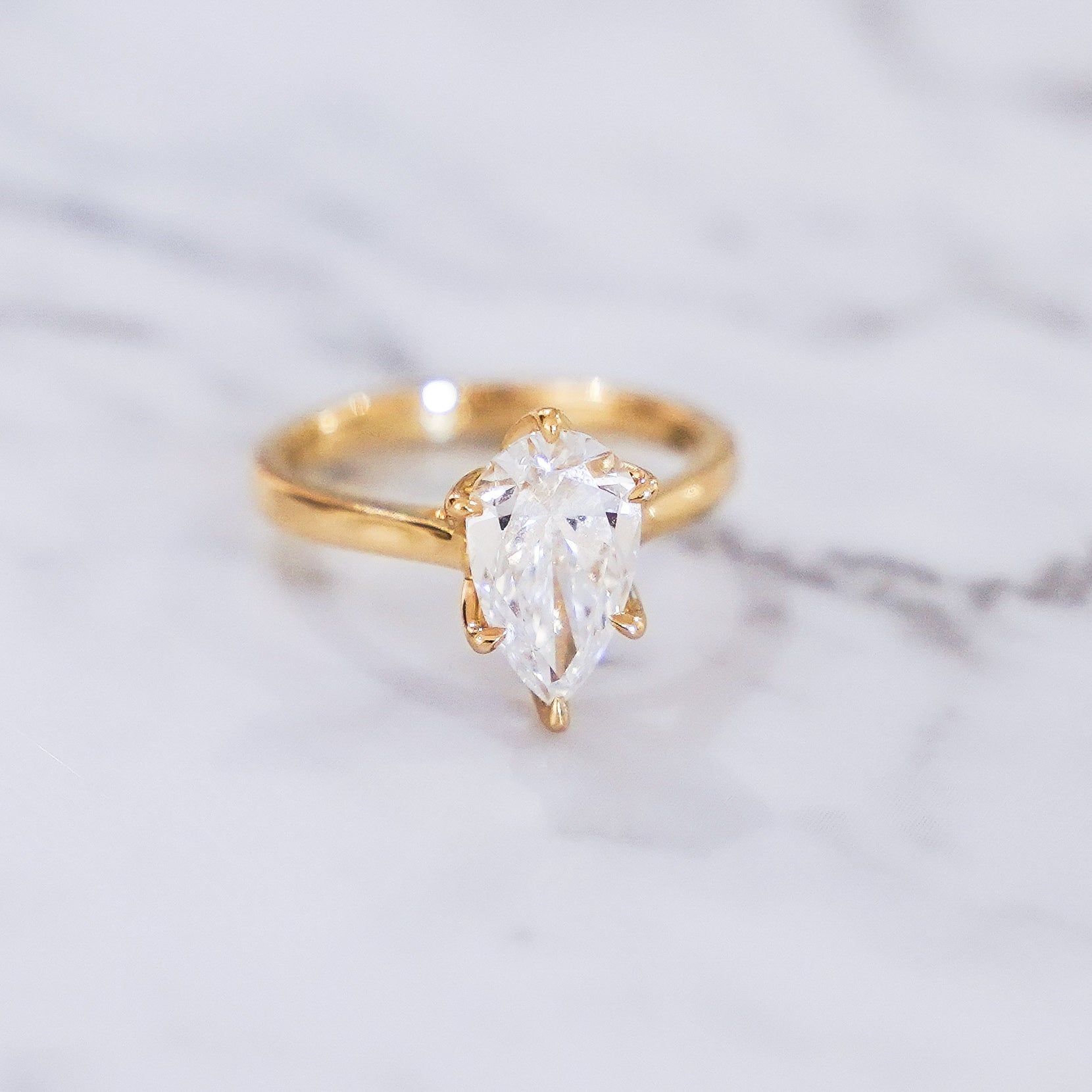 2 Carat Pear Cut Tulip Dome Solitaire Ring in 14K Yellow Gold