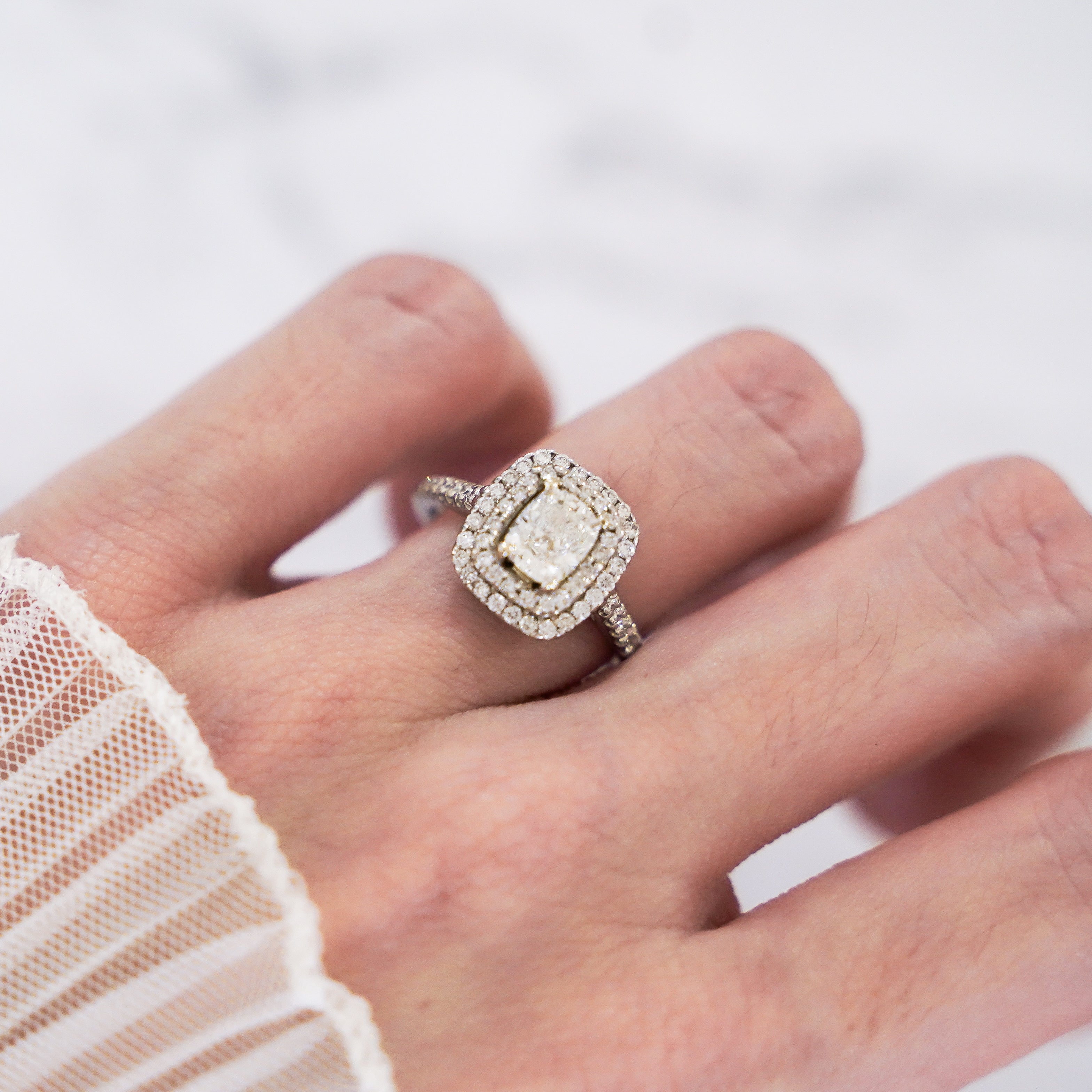 1.54 Carat Cushion Cut Double Halo Diamond Ring with Pavé Band in 18K White Gold