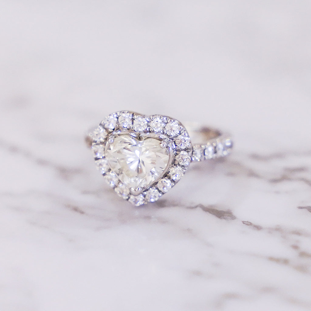2.43 Carat Heart Cut Pavé Halo and Shank Diamond Ring in 18K White Gold