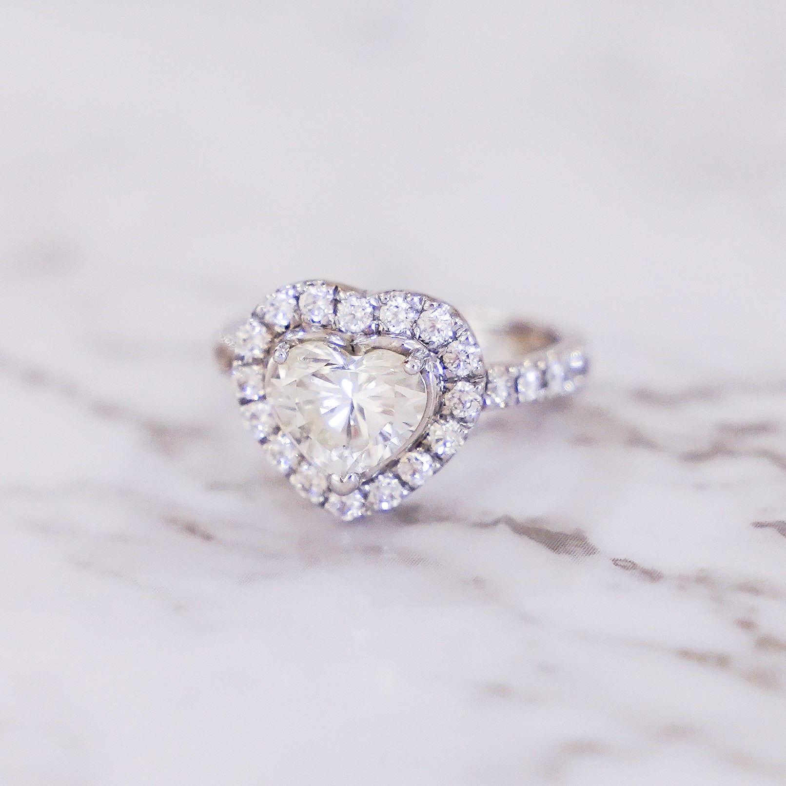 2.43 Carat Heart Cut Pavé Halo and Shank Diamond Ring in 18K White Gold