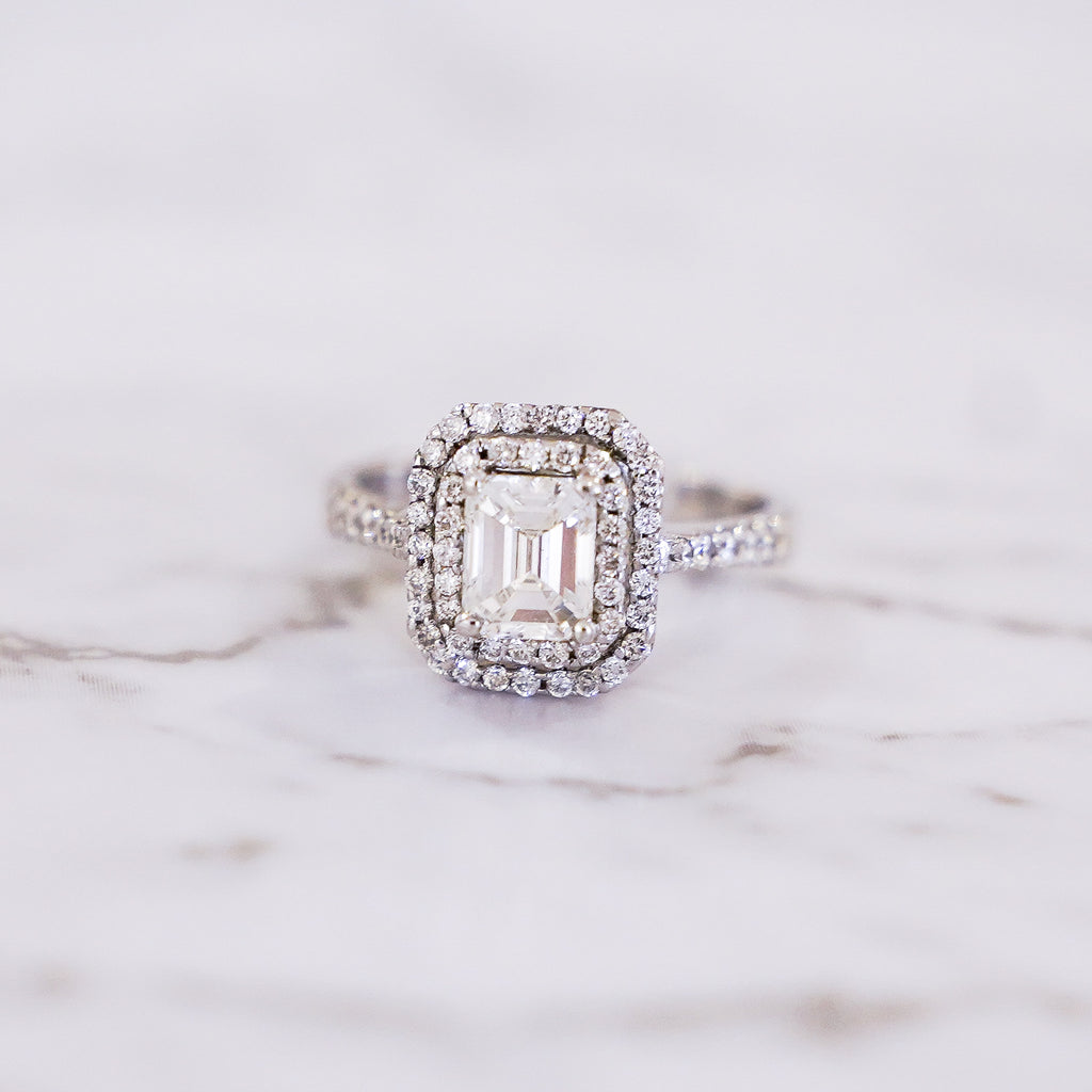 1.47 Carat Emerald Cut Double Halo Pavé Diamond Ring in 18K White Gold