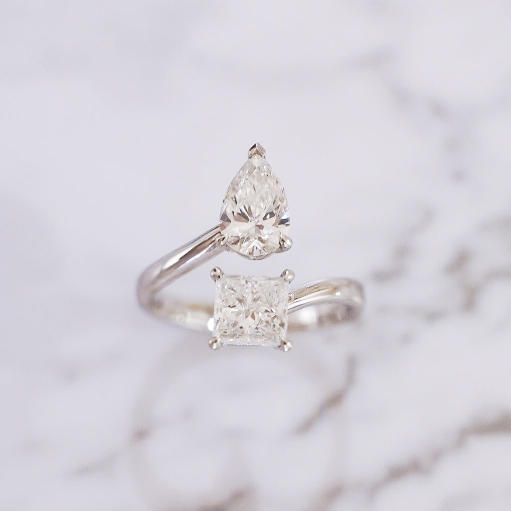 2.14 Carat Pear and Princess Cut Toi et Moi Diamond Ring in 14K White Gold