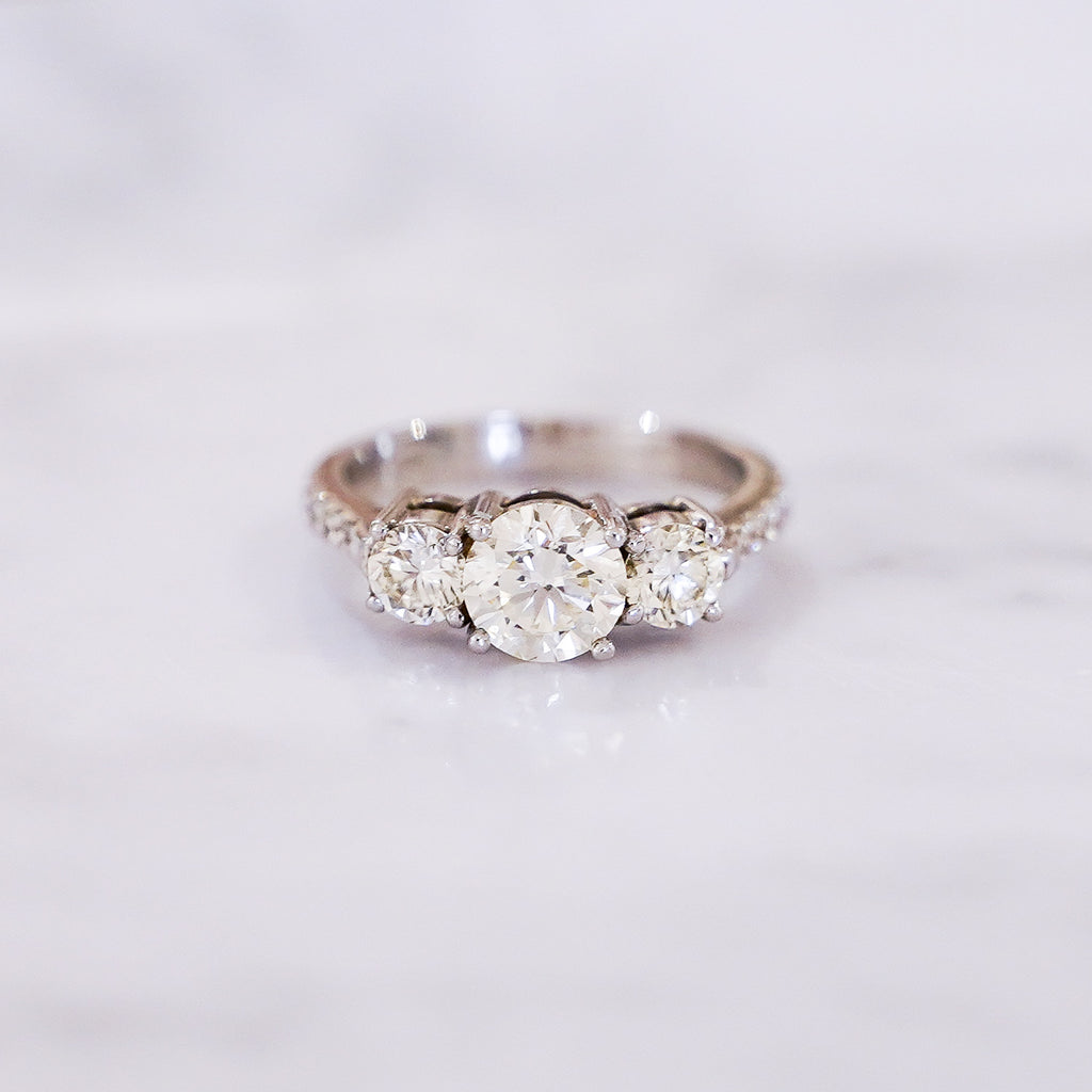 1.73 Carat Trinity Diamond Ring with Pavé Band in 18K White Gold
