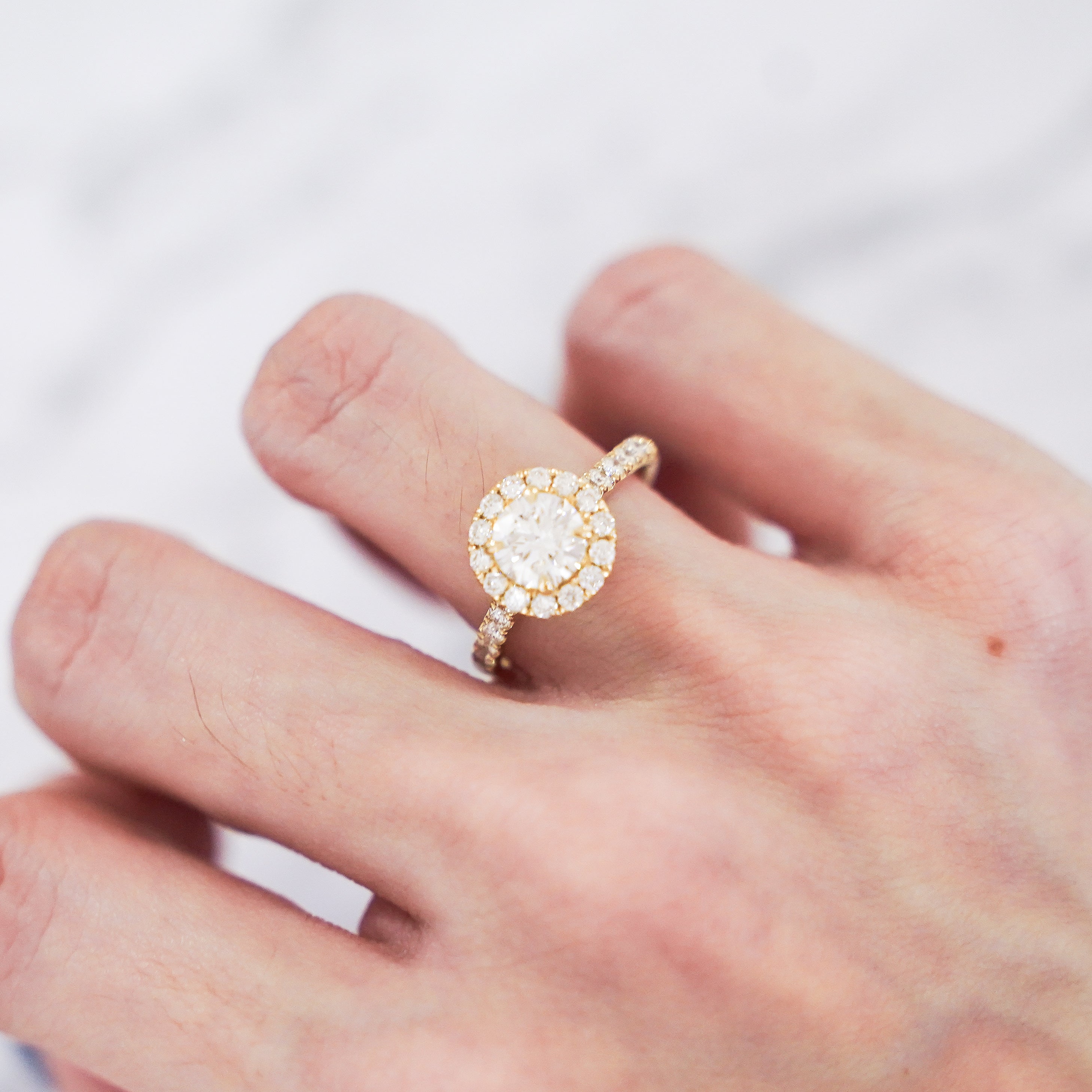 1.58 Carats Round Cut Pavé Halo And Shank Diamond Ring In 14K Yellow Gold