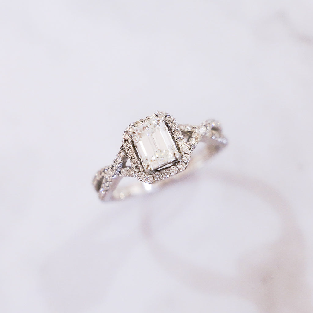 1.36 Carat Emerald Cut Halo Diamond Ring with Pavé Infinity Band in 18K White Gold