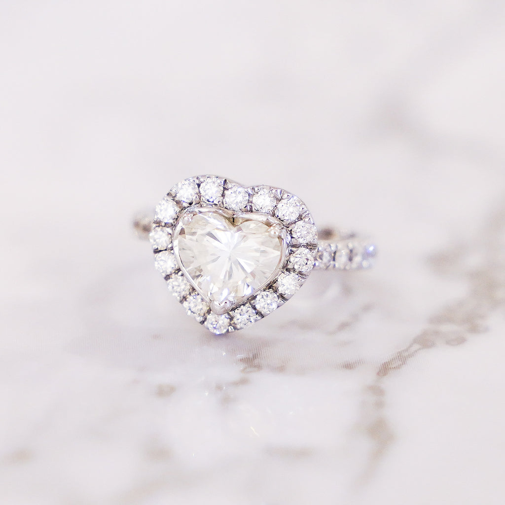 2.43 Carat Heart Cut Pavé Halo and Shank Diamond Ring in 18K White Gold