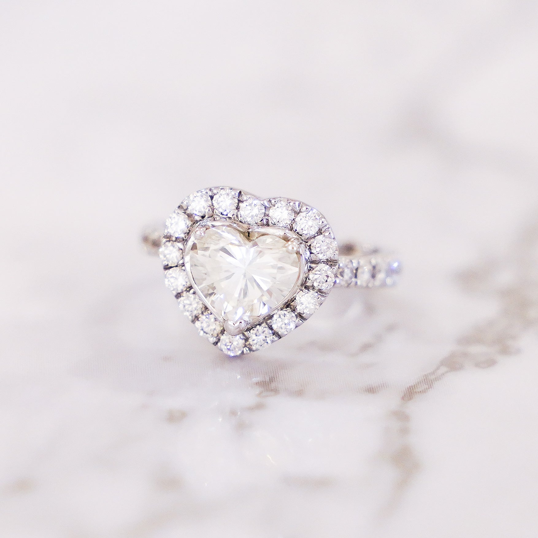 2.43 Carat Heart Cut Pavé Halo and Shank Diamond Ring in 18K White Gold