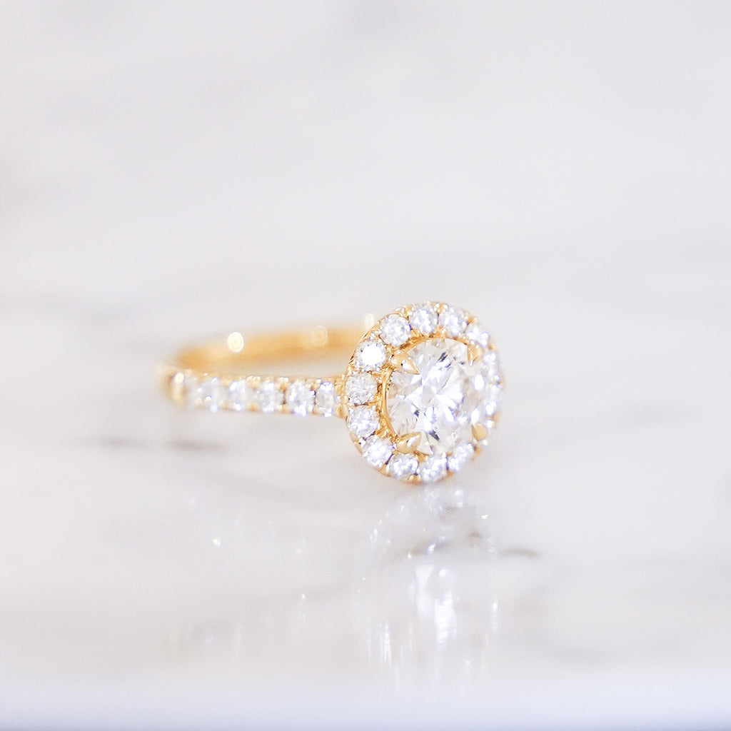 1.58 Carats Round Cut Pavé Halo And Shank Diamond Ring In 14K Yellow Gold