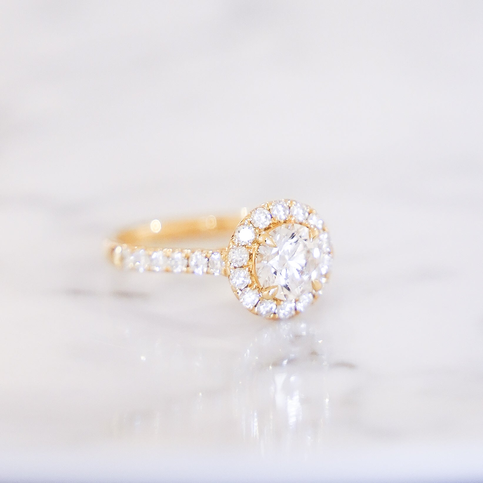 1.58 Carats Round Cut Pavé Halo And Shank Diamond Ring In 14K Yellow Gold