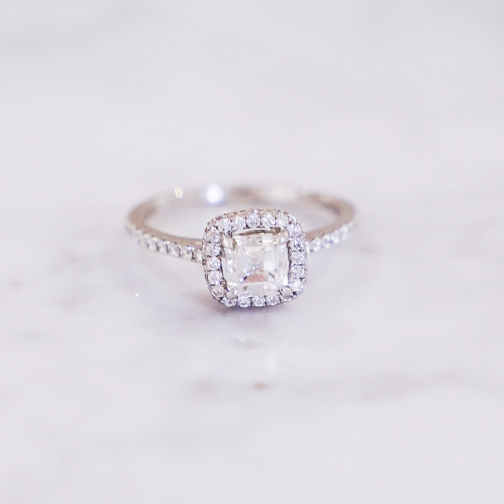 1 Carat Asscher Cut Halo Diamond Ring with Pavé Band in 18K White Gold