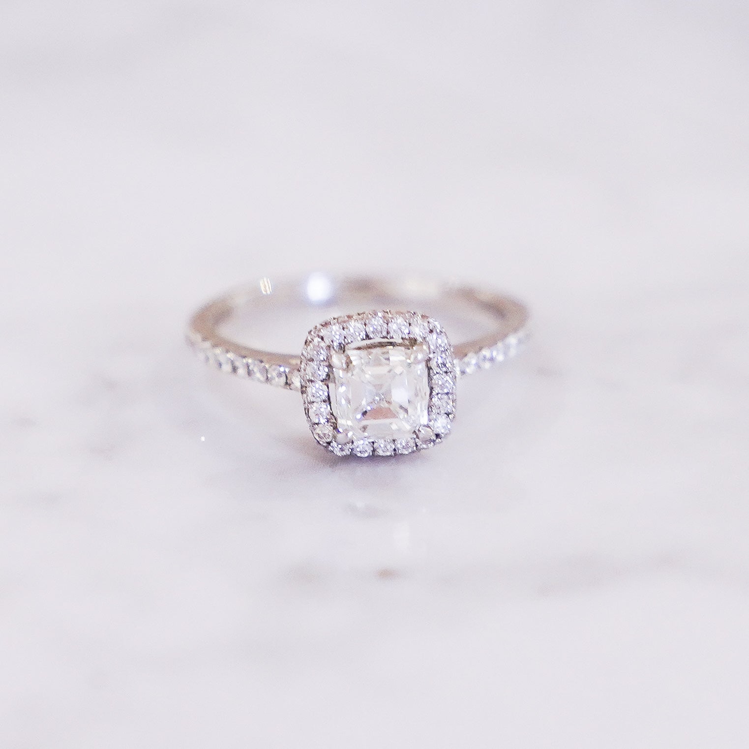 1 Carat Asscher Cut Halo Diamond Ring with Pavé Band in 18K White Gold