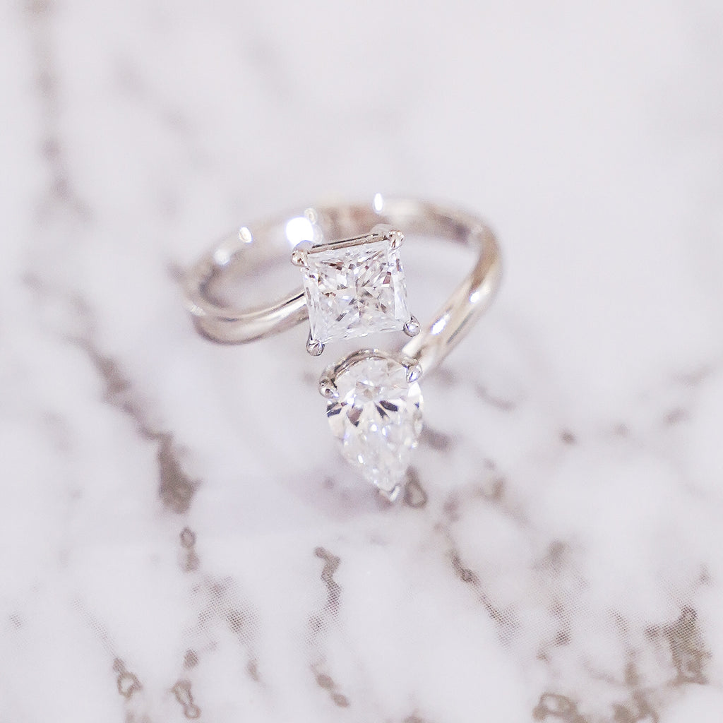 2.14 Carat Pear and Princess Cut Toi et Moi Diamond Ring in 14K White Gold