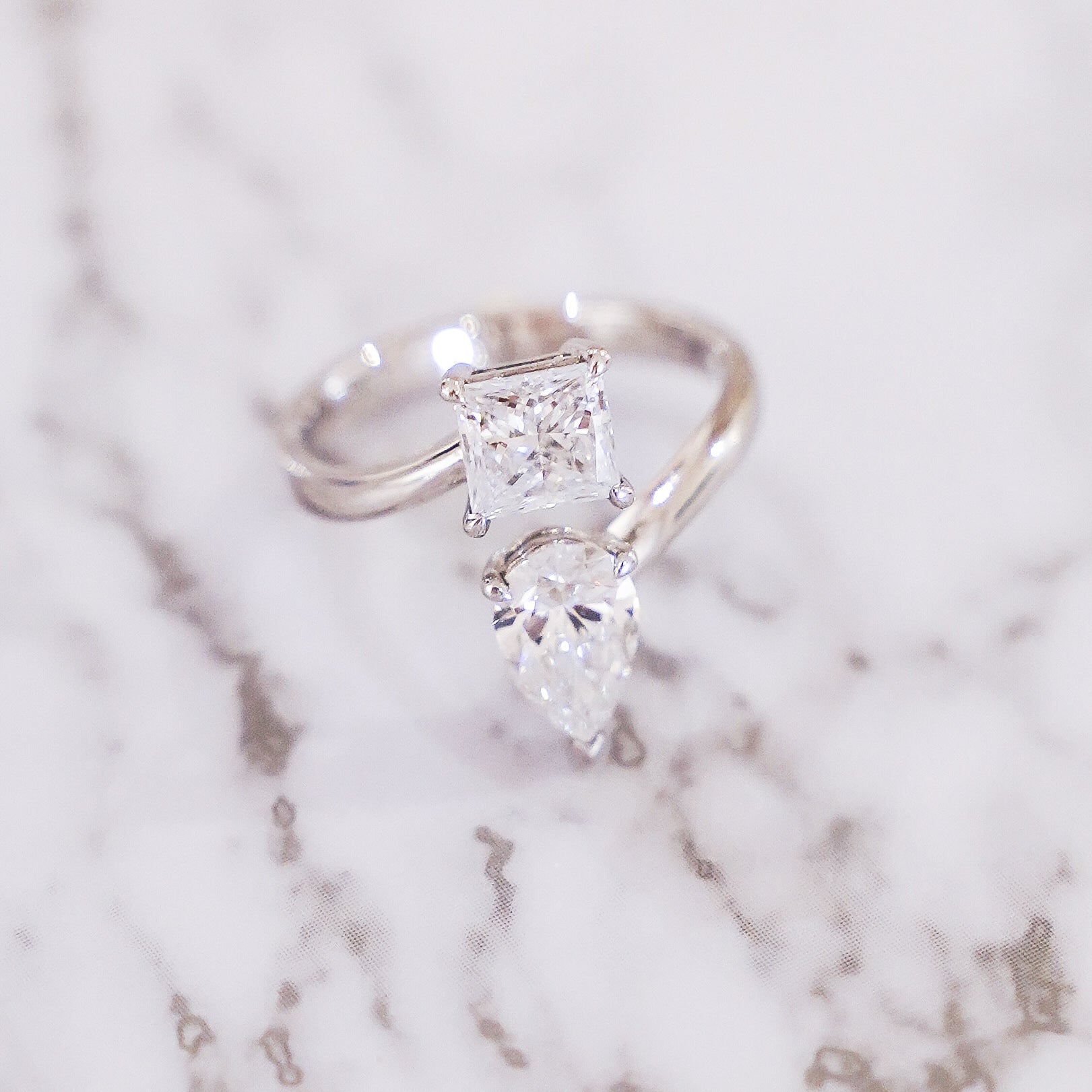 2.14 Carat Pear and Princess Cut Toi et Moi Diamond Ring in 14K White Gold