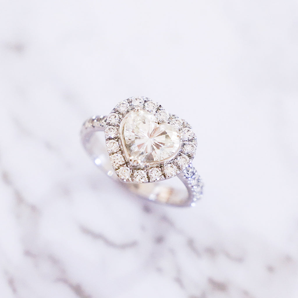 2.43 Carat Heart Cut Pavé Halo and Shank Diamond Ring in 18K White Gold