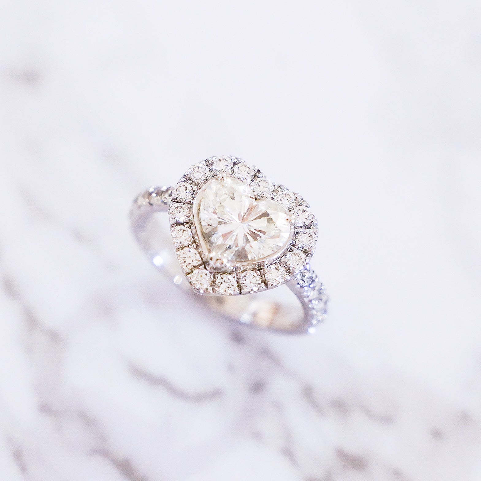 2.43 Carat Heart Cut Pavé Halo and Shank Diamond Ring in 18K White Gold