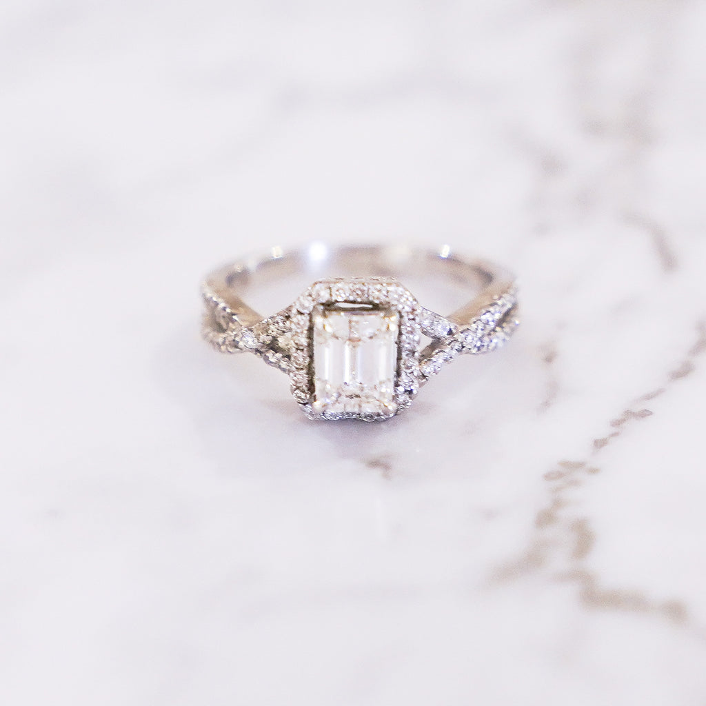 1.36 Carat Emerald Cut Halo Diamond Ring with Pavé Infinity Band in 18K White Gold