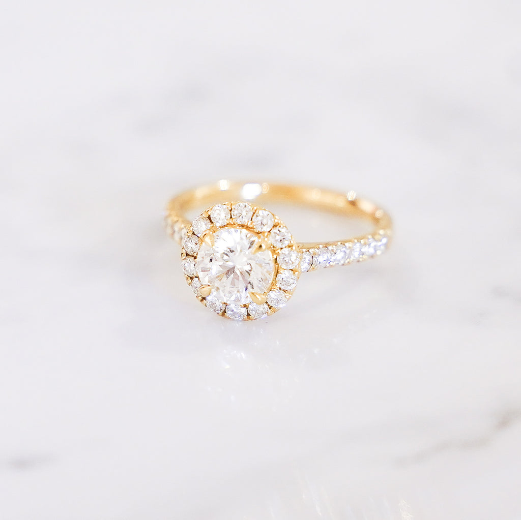 1.58 Carats Round Cut Pavé Halo And Shank Diamond Ring In 14K Yellow Gold