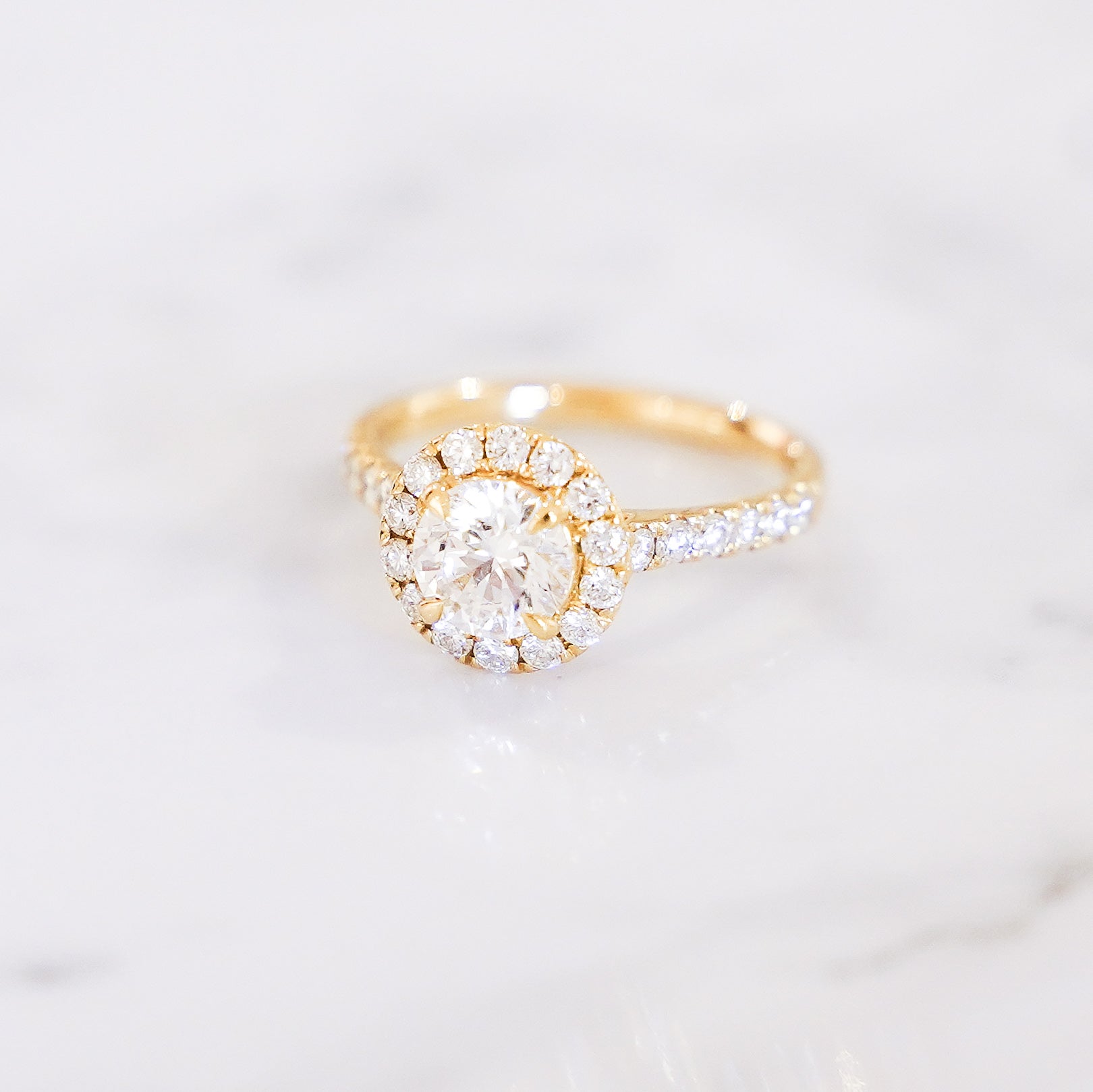 1.58 Carats Round Cut Pavé Halo And Shank Diamond Ring In 14K Yellow Gold