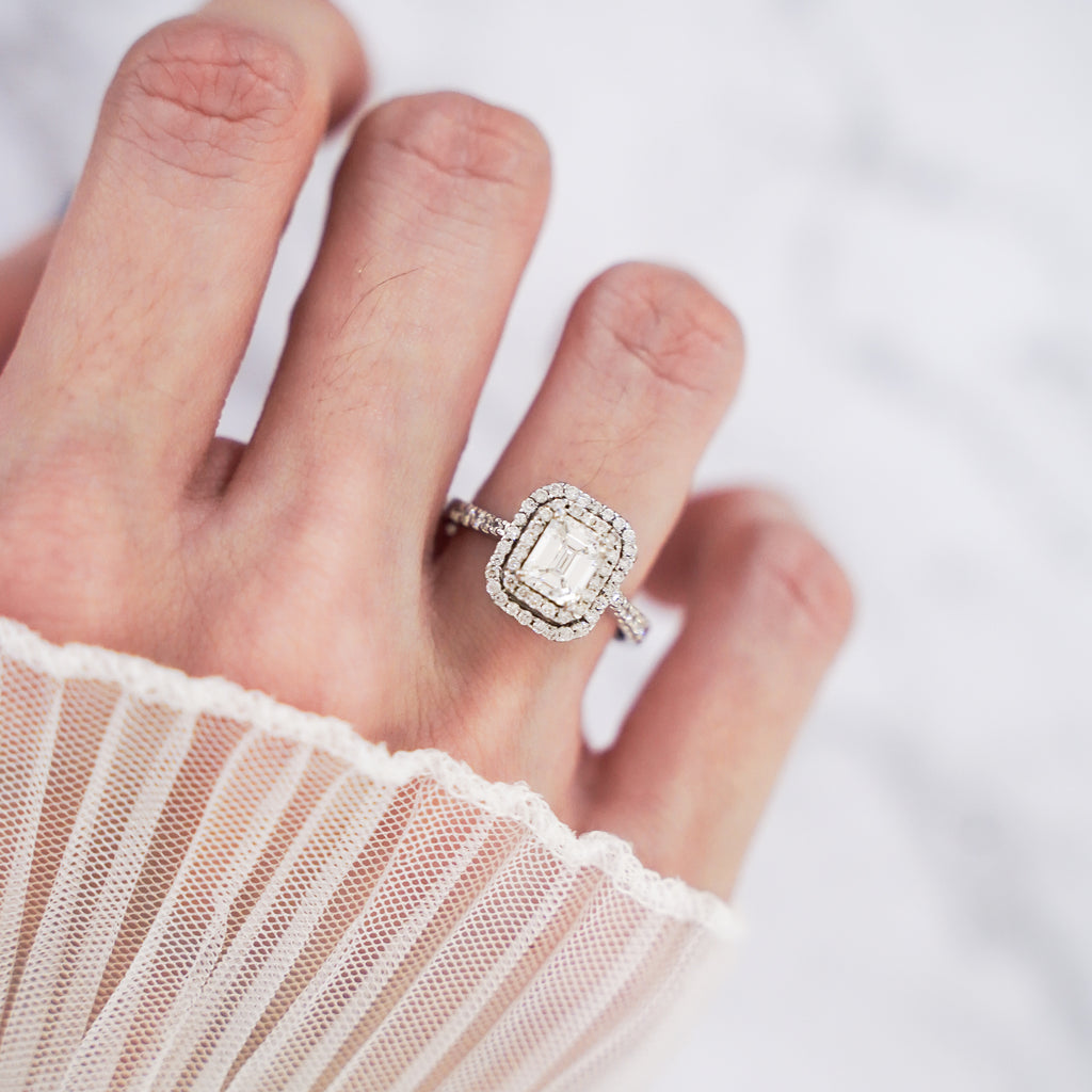 1.47 Carat Emerald Cut Double Halo Pavé Diamond Ring in 18K White Gold