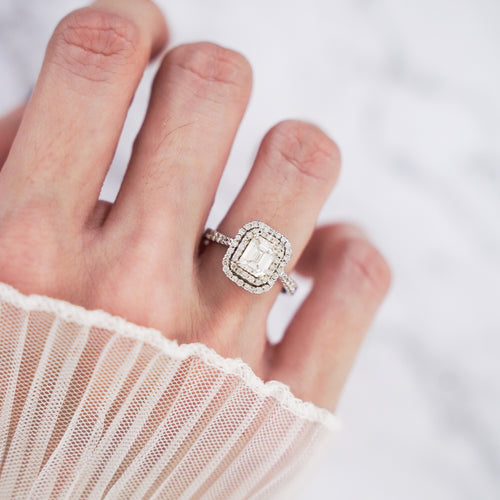 1.47 Carat Emerald Cut Double Halo Pavé Diamond Ring in 18K White Gold