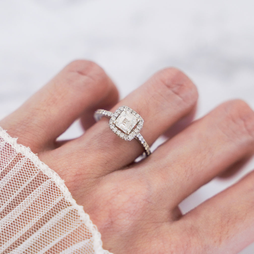 1 Carat Asscher Cut Halo Diamond Ring with Pavé Band in 18K White Gold