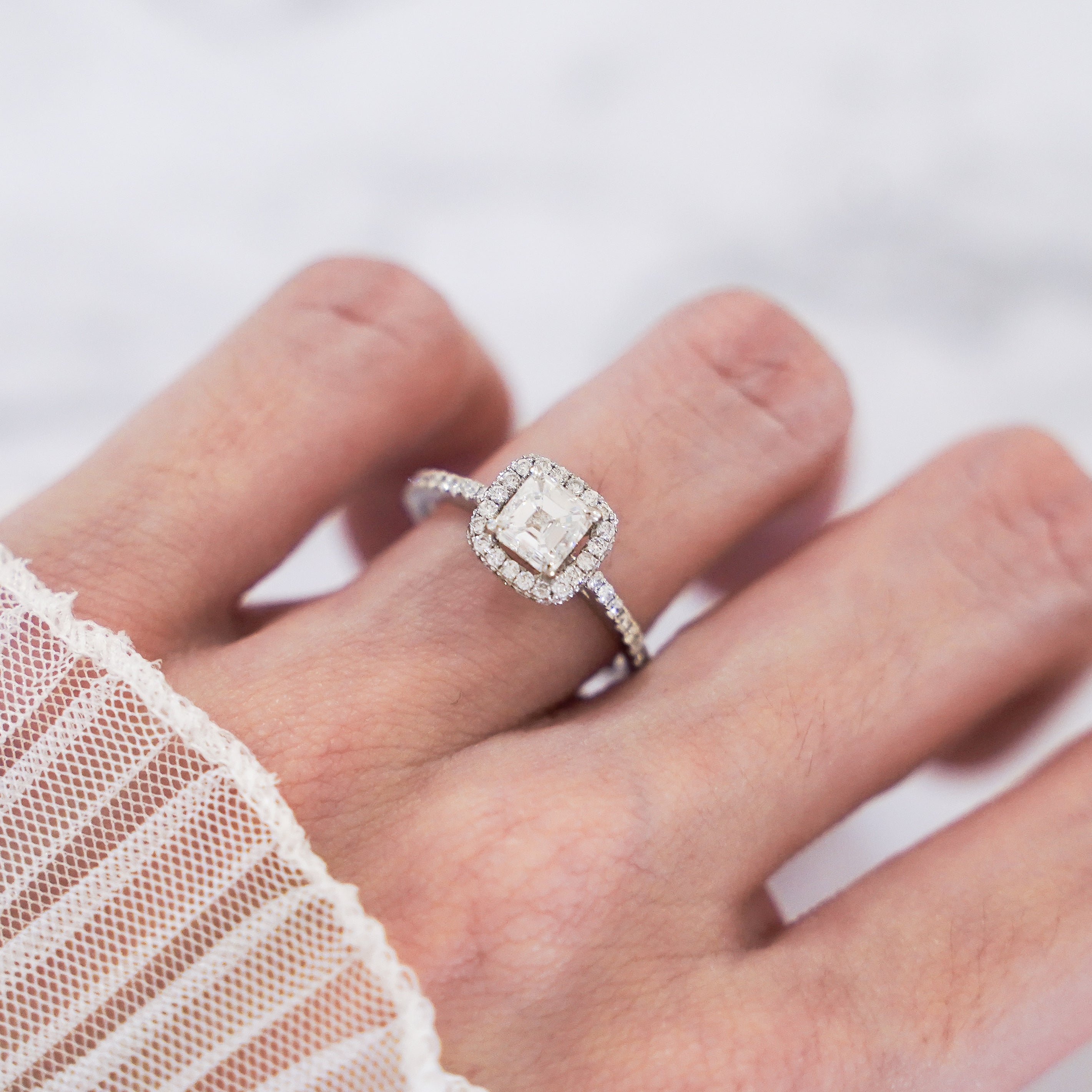 1 Carat Asscher Cut Halo Diamond Ring with Pavé Band in 18K White Gold