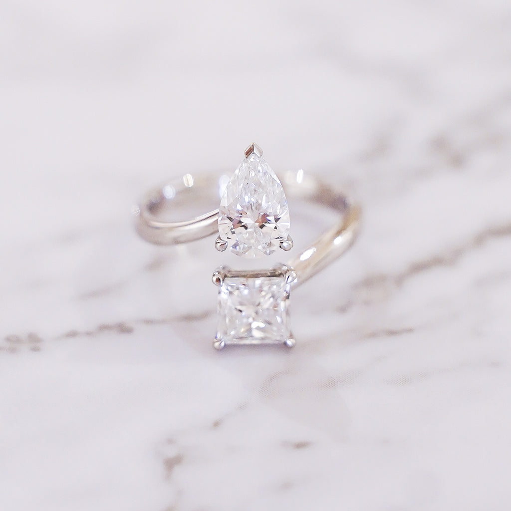 2.14 Carat Pear and Princess Cut Toi et Moi Diamond Ring in 14K White Gold
