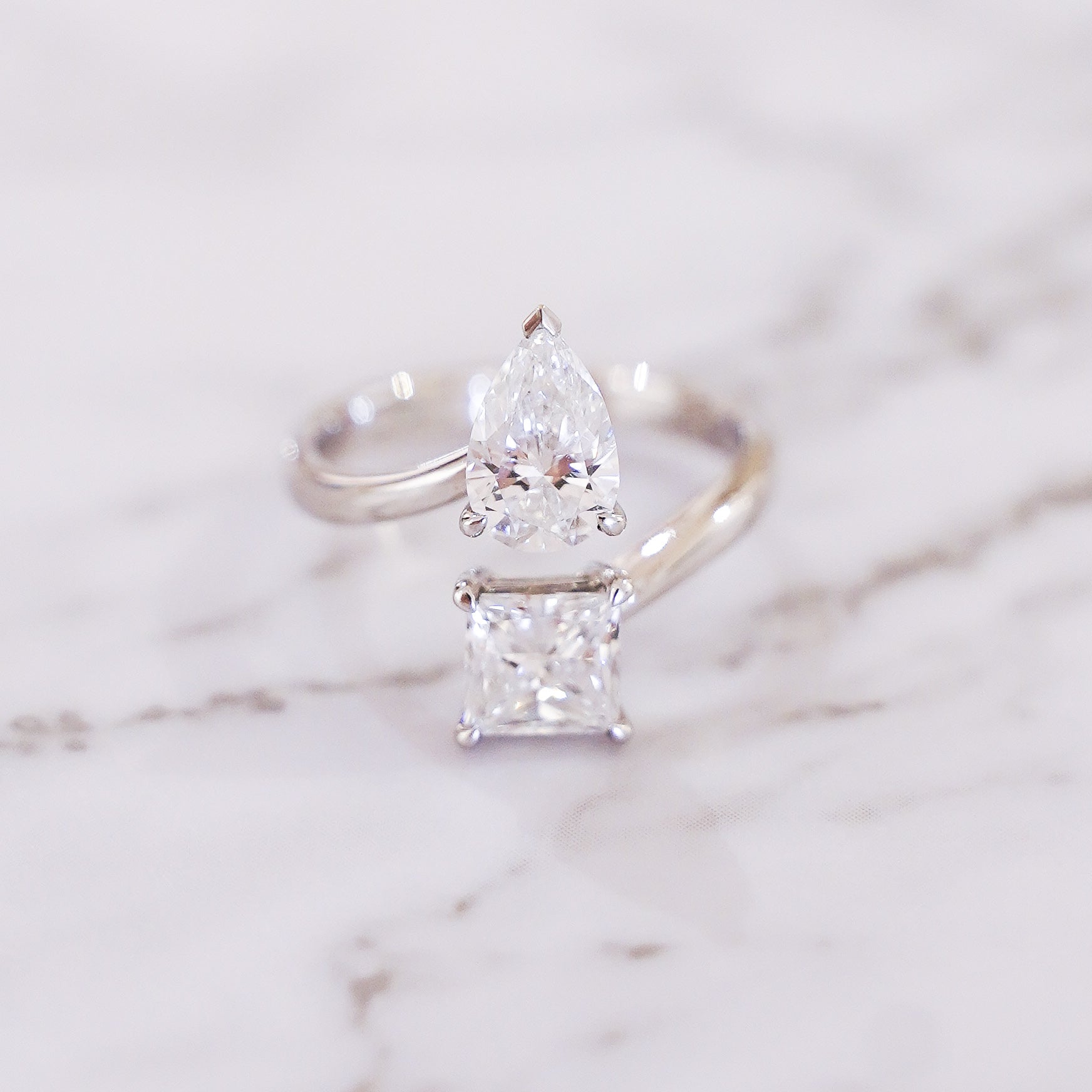 2.14 Carat Pear and Princess Cut Toi et Moi Diamond Ring in 14K White Gold