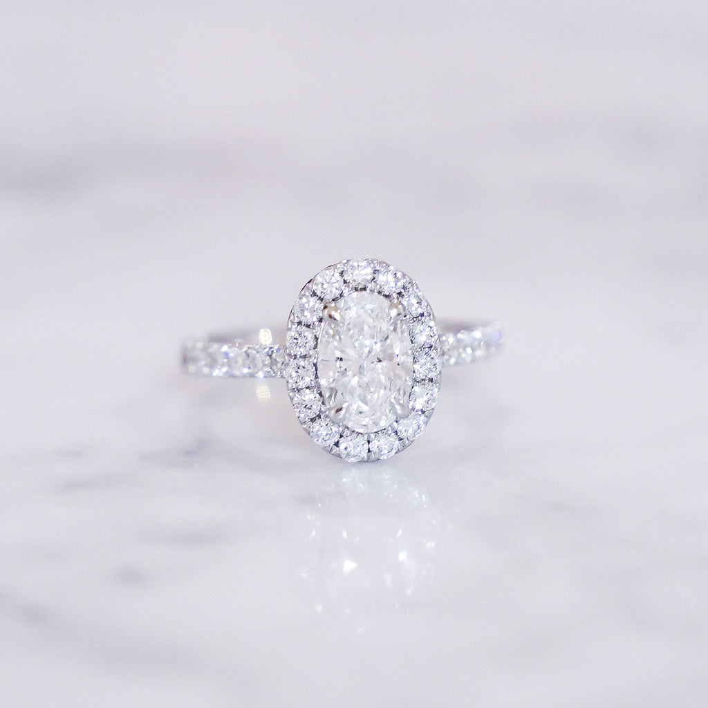 1 Carat Oval Cut Pavé Halo And Shank Diamond Ring In 14K White Gold