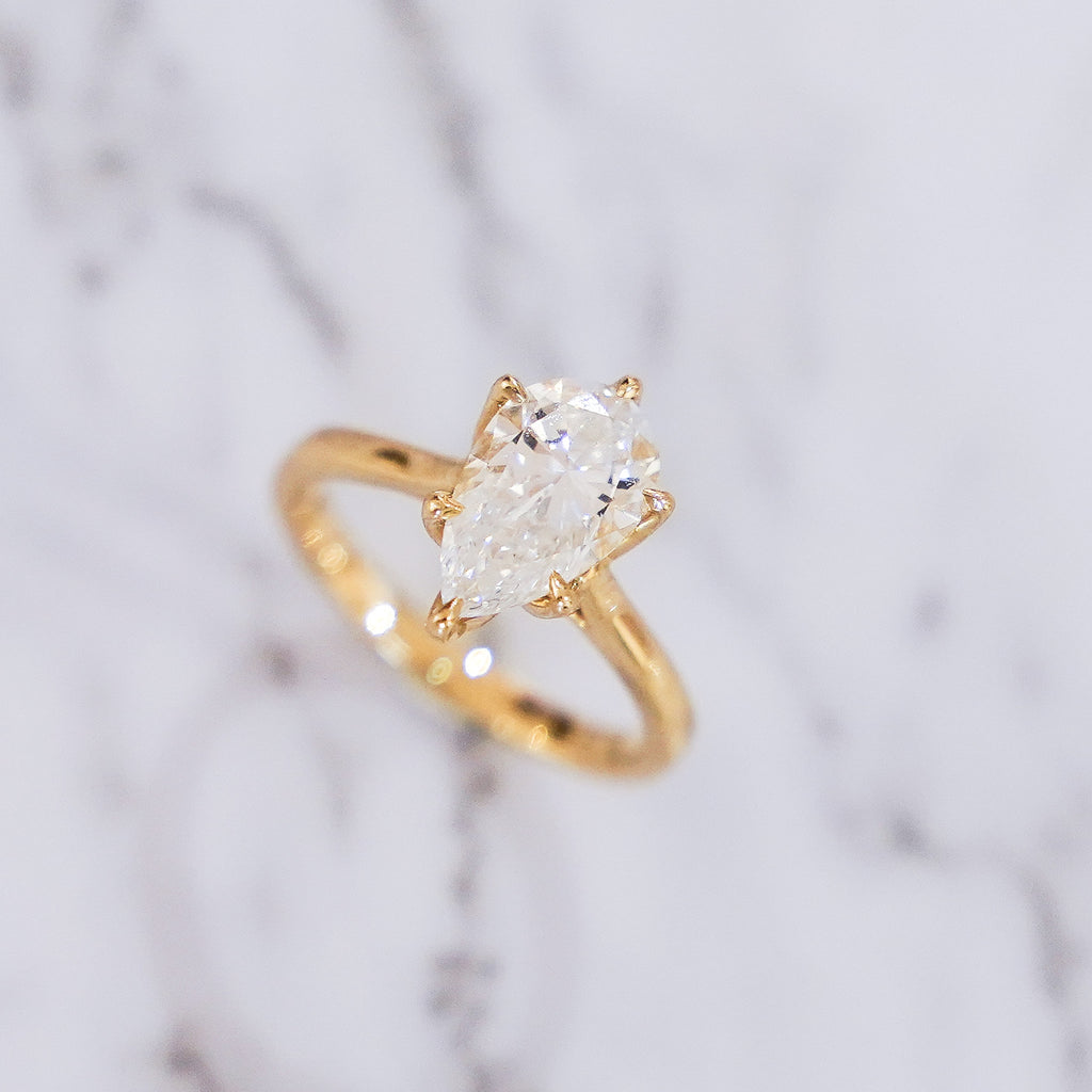 2 Carat Pear Cut Tulip Dome Solitaire Ring in 14K Yellow Gold