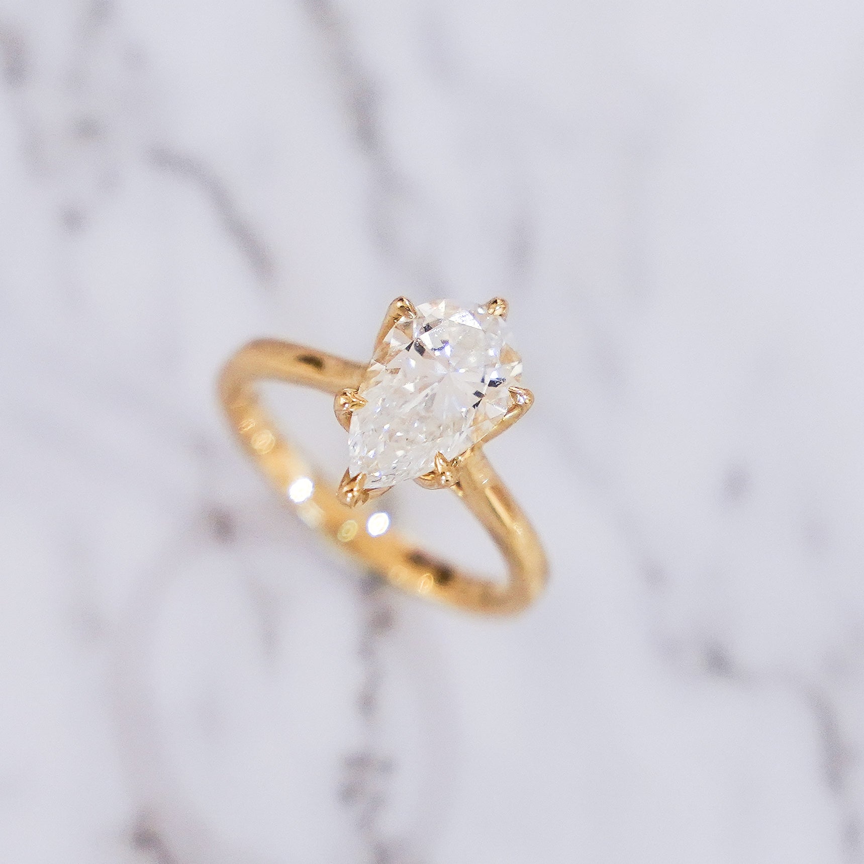 2 Carat Pear Cut Tulip Dome Solitaire Ring in 14K Yellow Gold