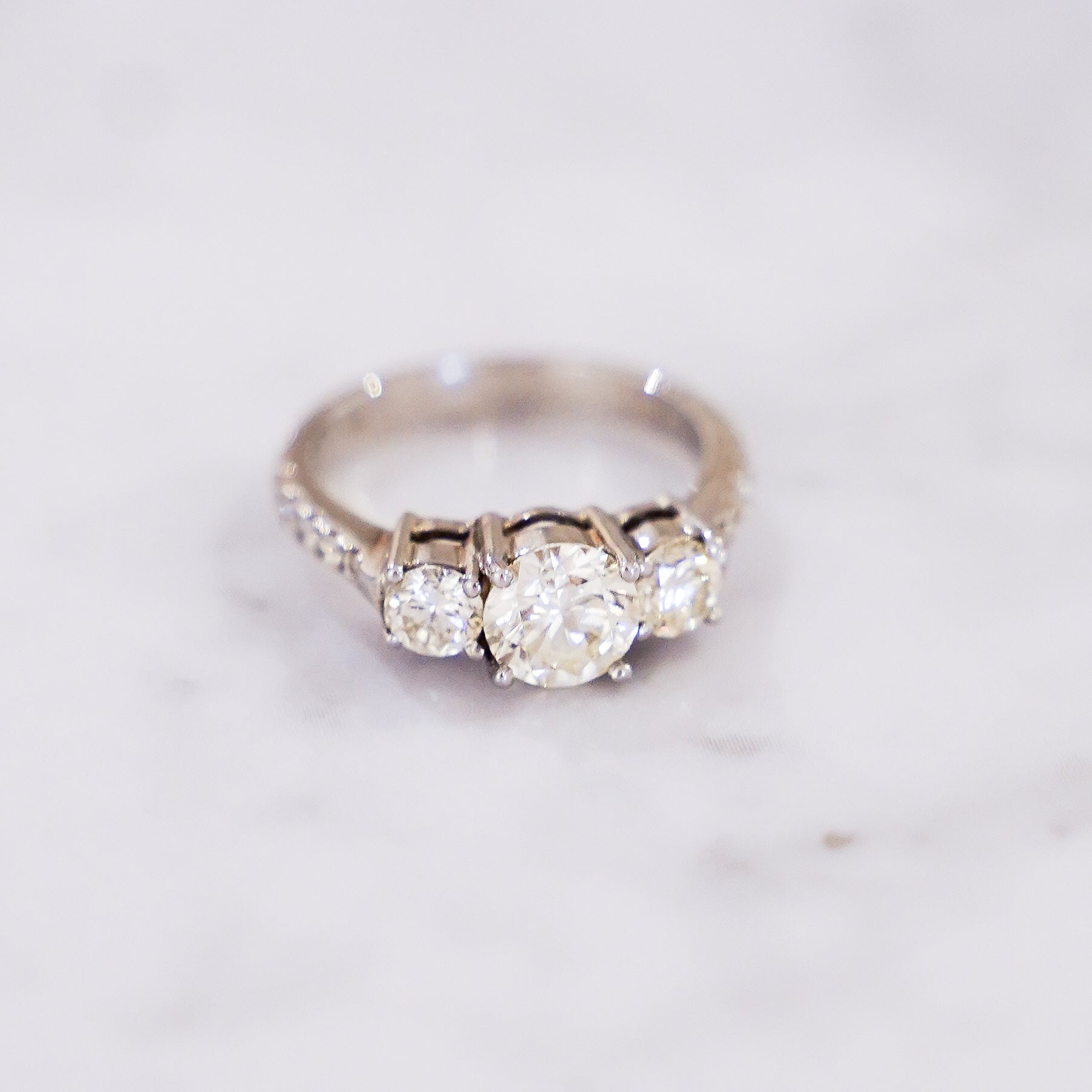 1.73 Carat Trinity Diamond Ring with Pavé Band in 18K White Gold